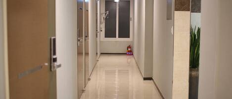 A hotel corridor with doors, a fire extinguisher, and a potted plant.
