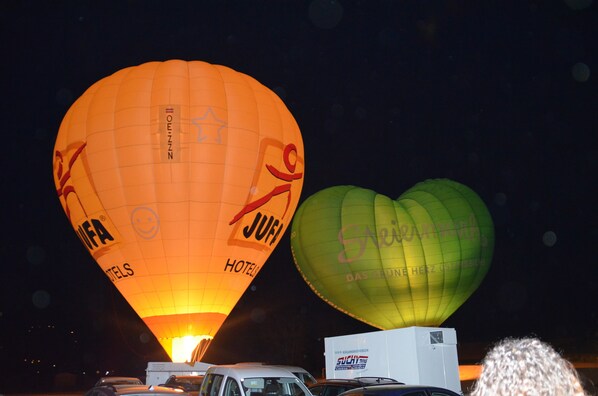 Two hot air balloons with visible text indicating they are part of a hotel event. - JUFA Hotel Stubenbergsee (Stubenberg)