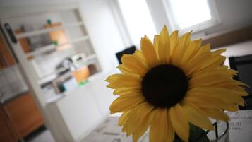 A sunflower in a clear glass vase on a table in a room with white walls and a window.