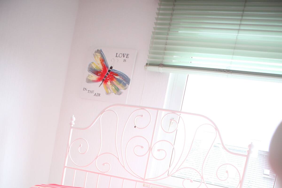 Een bed met een metalen frame en rode beddengoed, een vlinderdecoratie aan de muur, en een raam met zonwering.