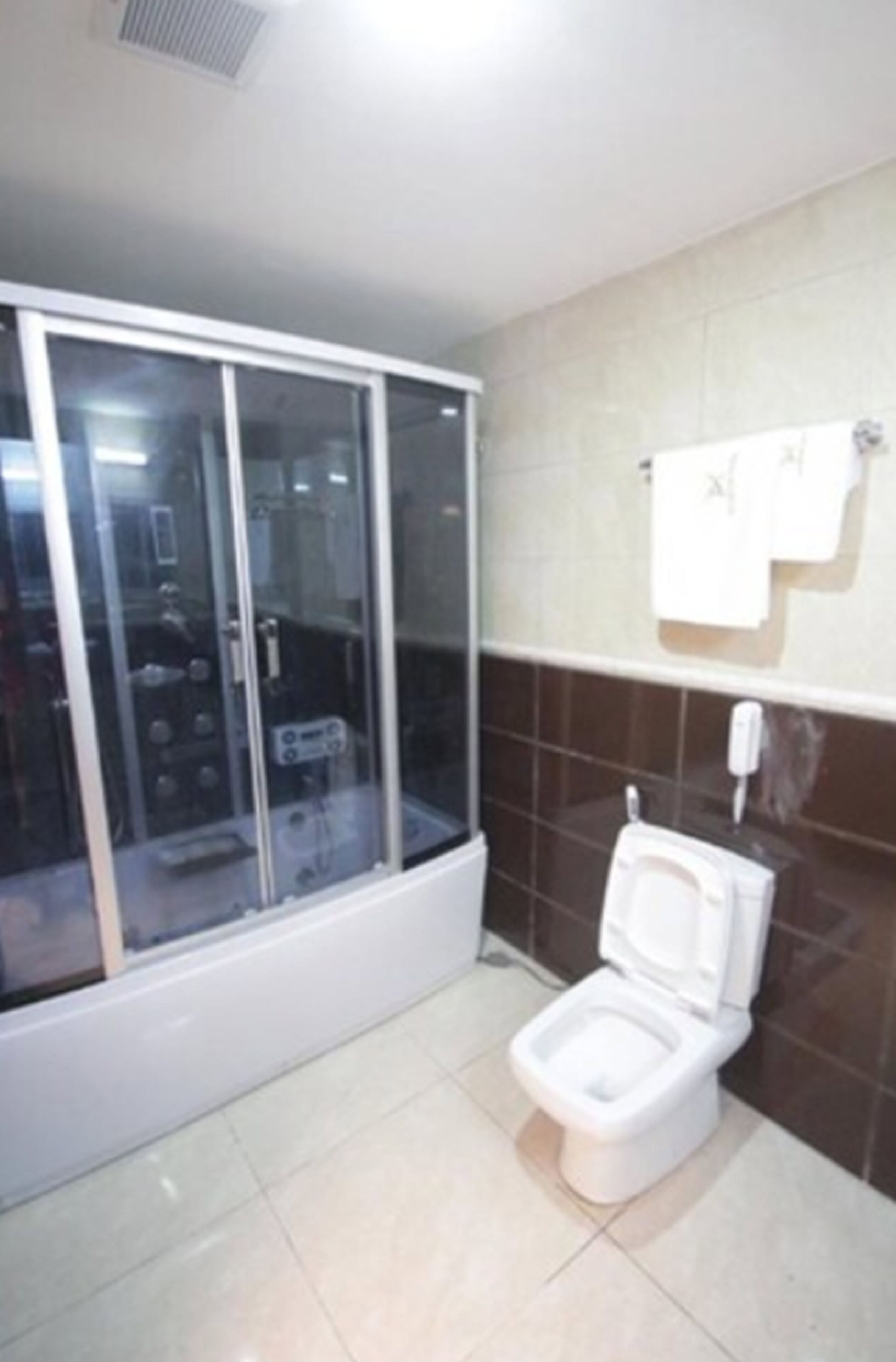 A bathroom with a toilet, a glass-enclosed shower, and a tiled wall.
