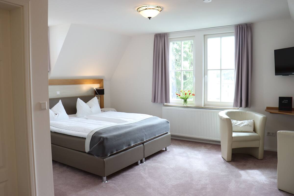 Een slaapkamer met een bed, een stoel, een televisie en een raam met gordijnen.