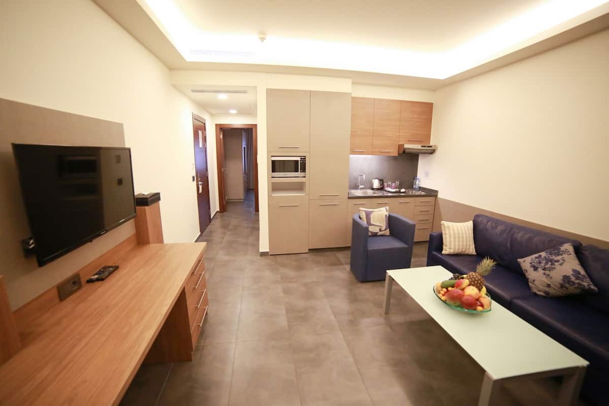 premium one bedroom suite, with spa bath | living room | 40-inch led tv with satellite channels, tv, fireplace