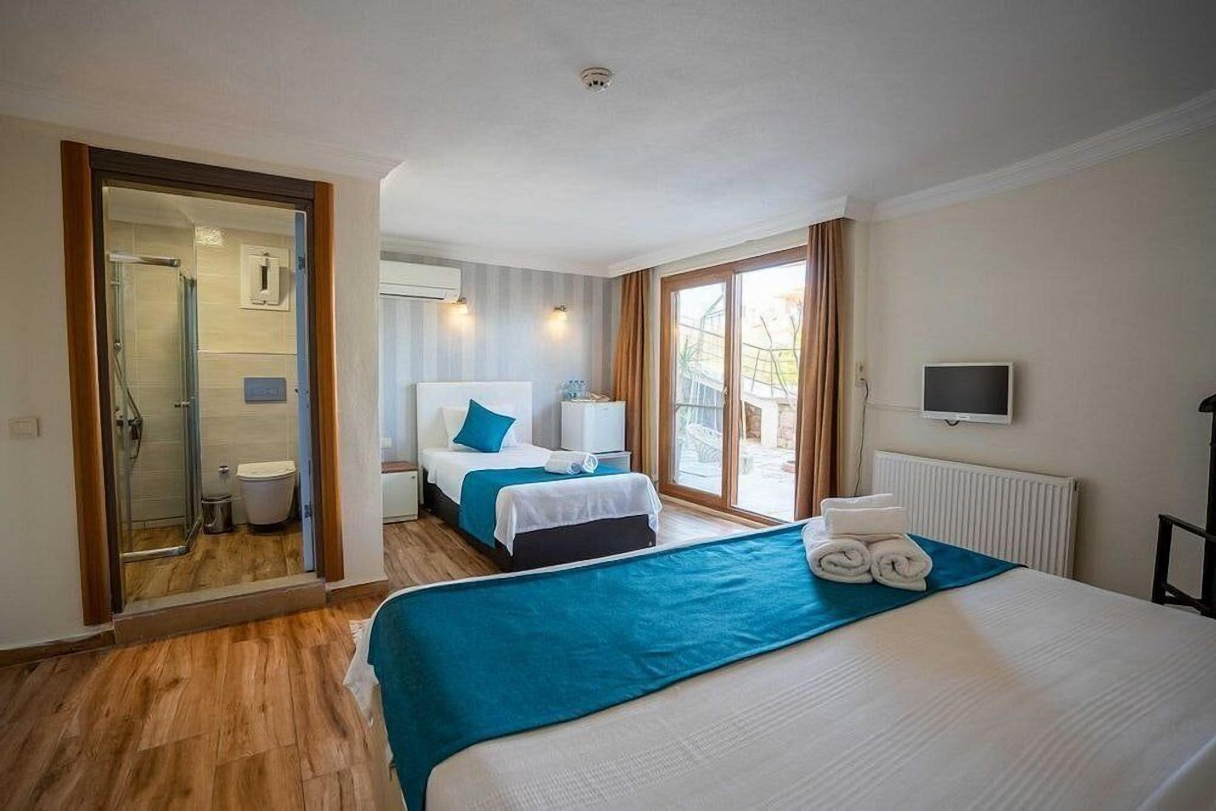 Una habitación de hotel con una cama grande, otra más pequeña, un televisor y un baño con ducha e inodoro.