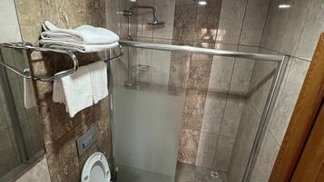 Uma casa de banho moderna com chuveiro em cabine de vidro, sanita e lavatório.