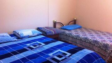 A bedroom with two beds, each with a patterned bedspread.