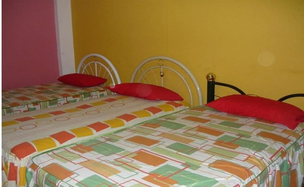 A room with two beds, each with a colorful quilt and red pillows.