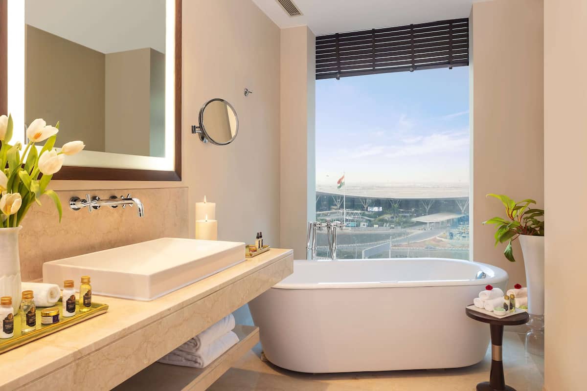 combined shower/bathtub, free toiletries, hair dryer, bathrobes