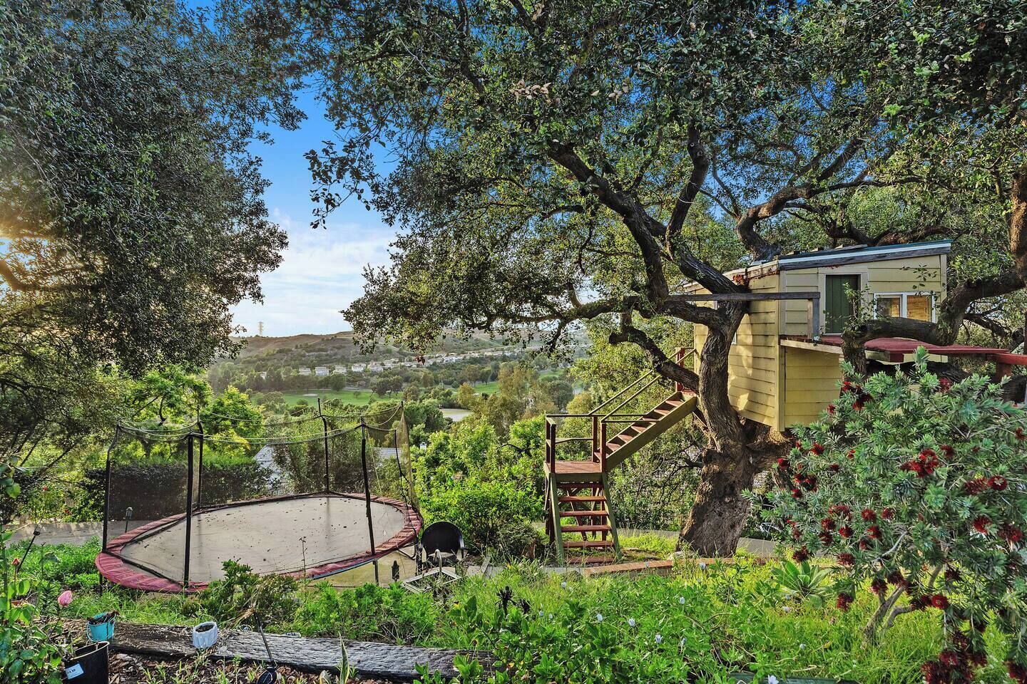 A treehouse with a wooden staircase, a trampoline, and a view of a valley.