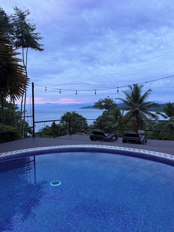 A swimming pool with lounge chairs, surrounded by palm trees and a view of the sea.