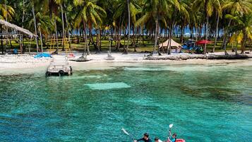 A clear tropical beach with a kayak in the water, palm trees, and a sandy shore with beach chairs.