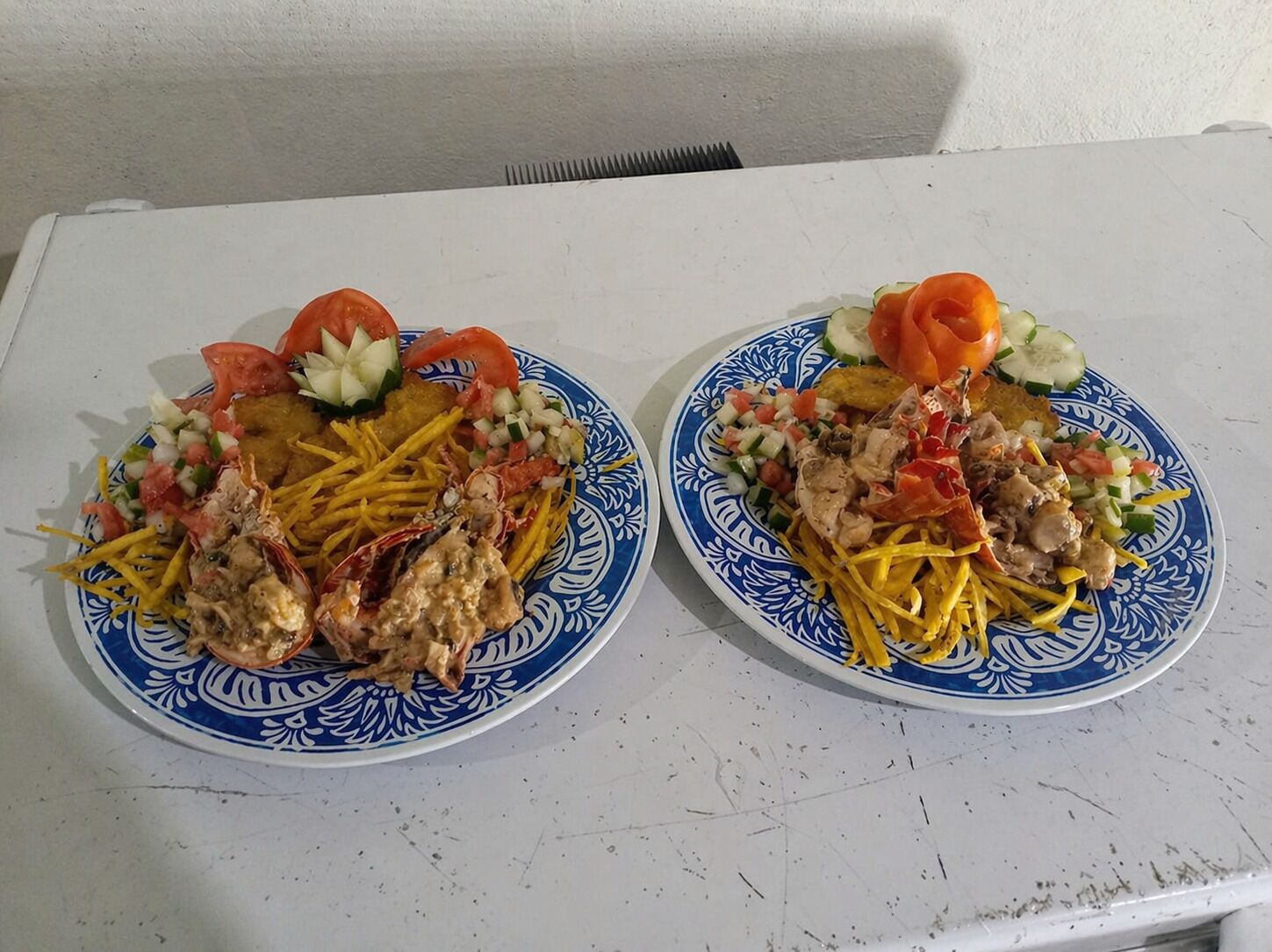 Two plates of food with various toppings and sides on a white table.