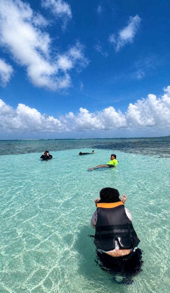 Un ciel d’un bleu limpide, une mer calme et des gens dans l’eau.
