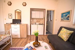 A compact living space with a kitchenette, a dining area, and a sofa with a patterned cushion.