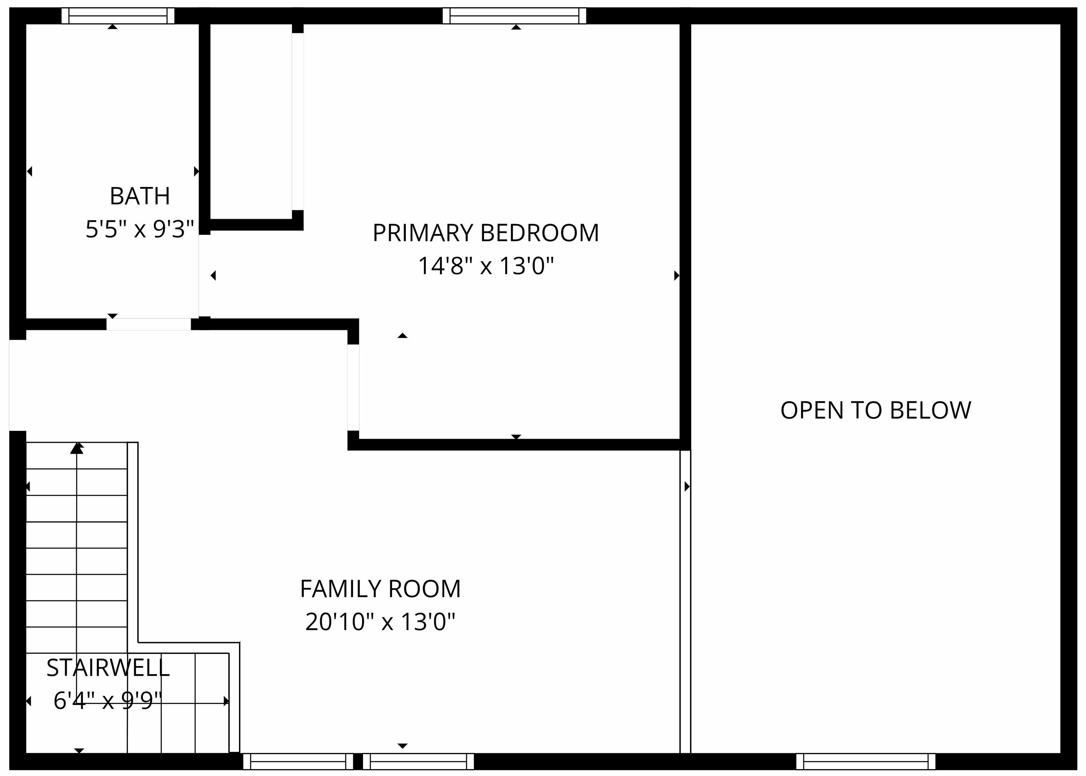 Un plan d’étage comprenant une chambre principale, un salon familial et un espace pour l’escalier.