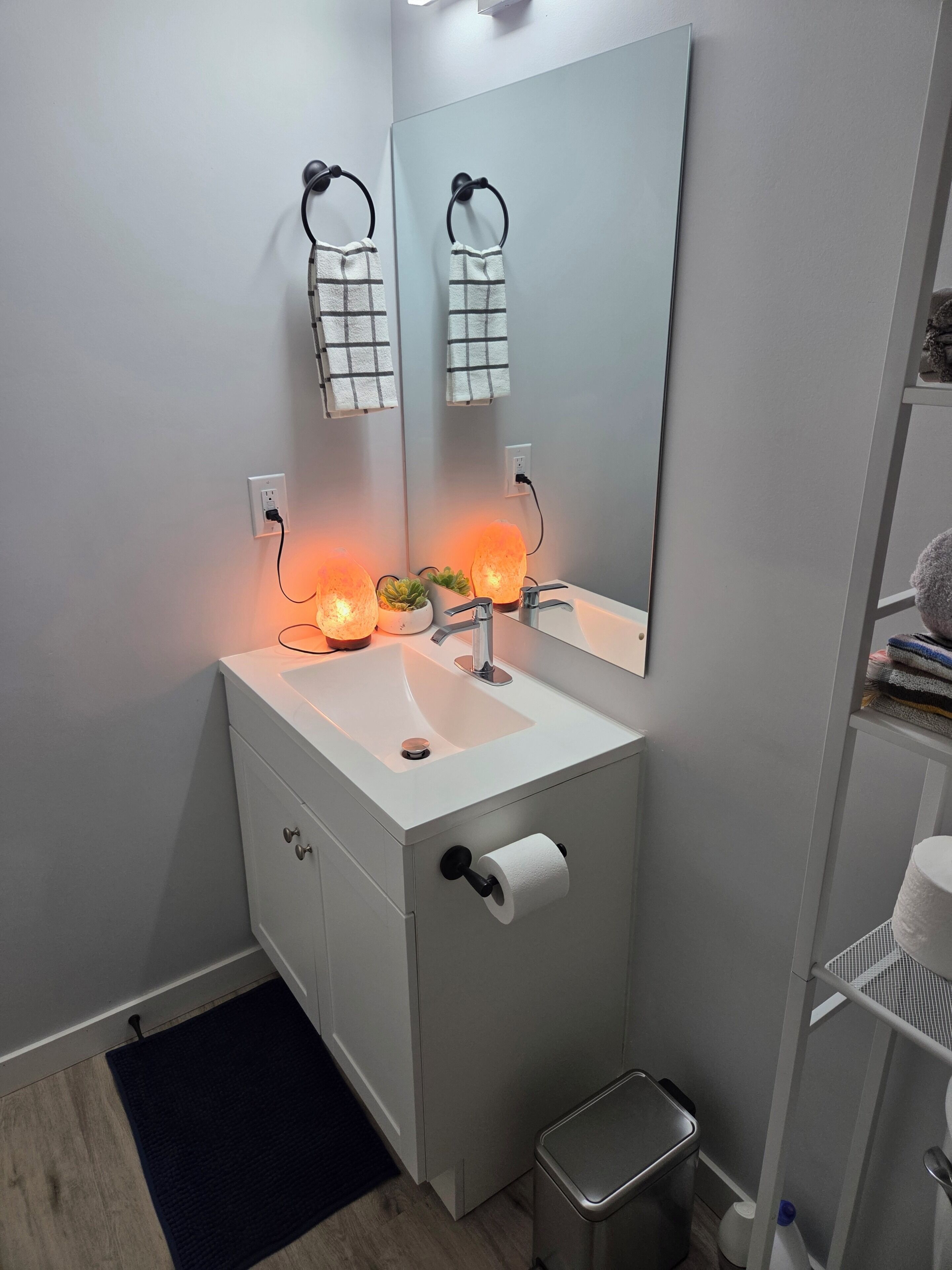 Hair dryer, towels, soap, toilet paper