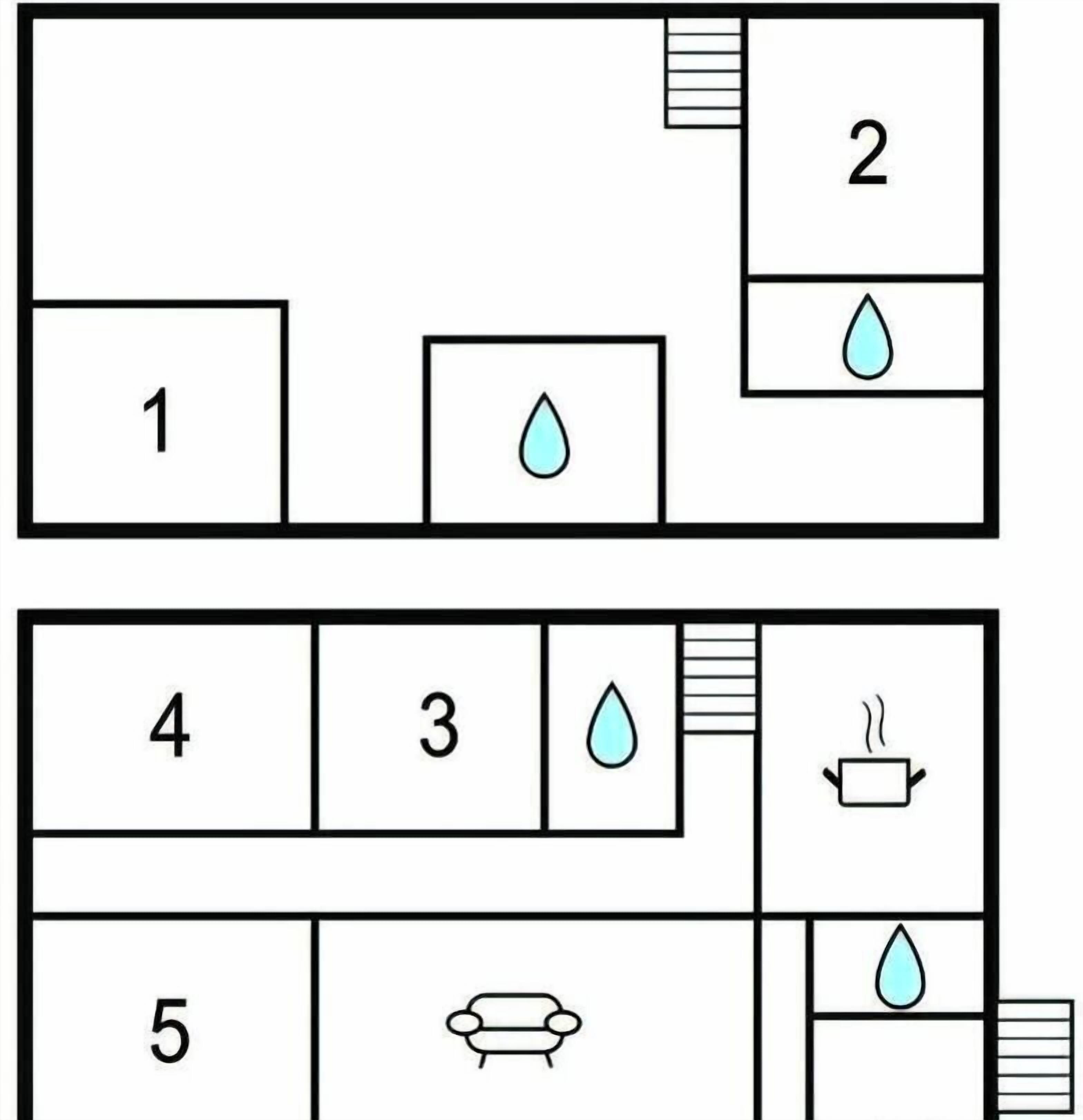 A floor plan with numbered rooms, a bathroom, a kitchen, and a living area.