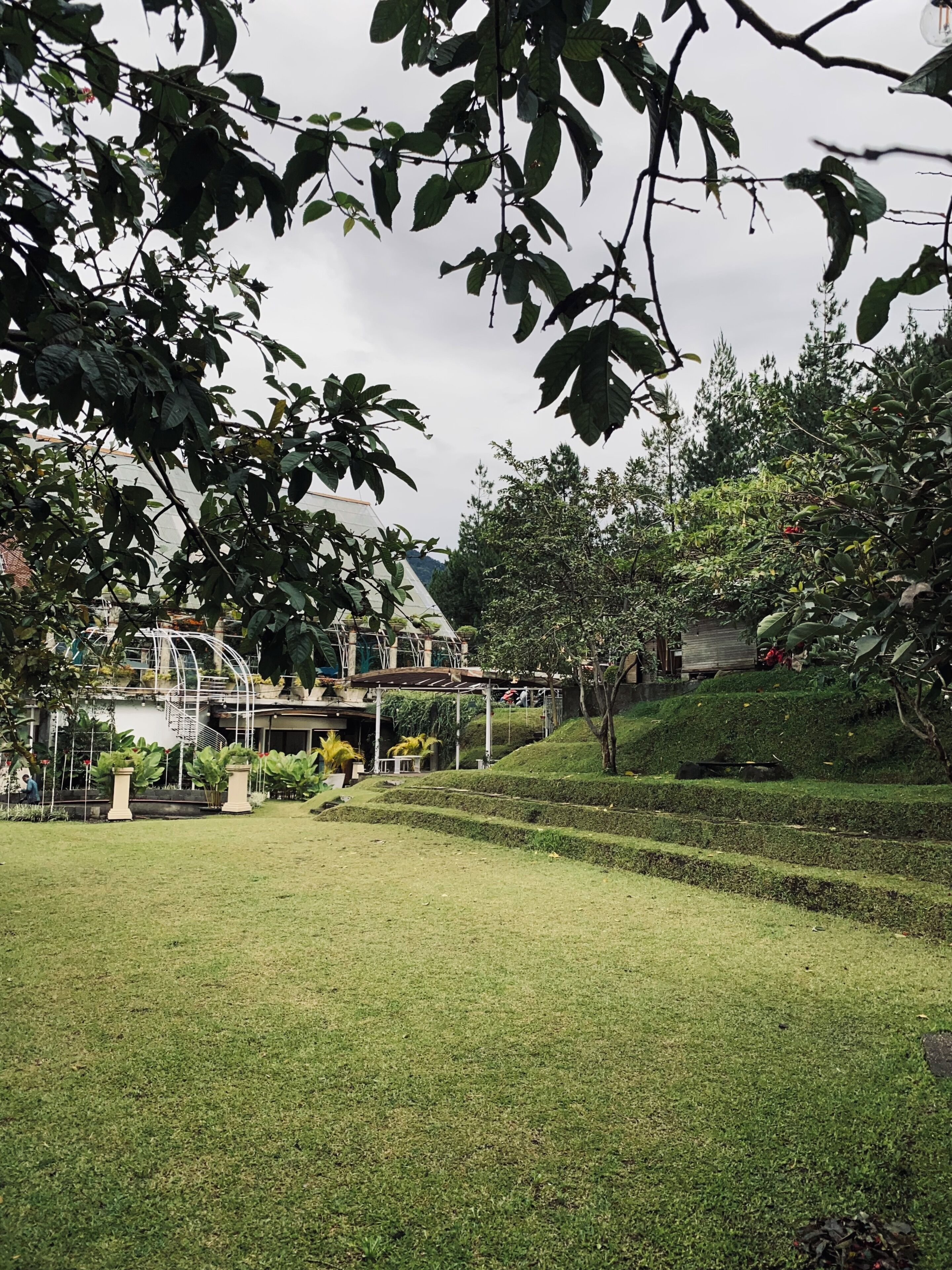 A landscaped garden with pathways, a greenhouse, and a building with a sloped roof.