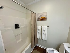 Hair dryer, towels, soap, toilet paper