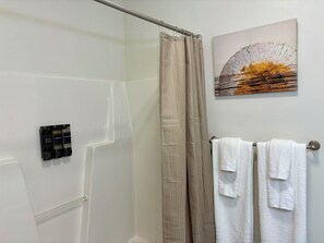 Hair dryer, towels, soap, toilet paper