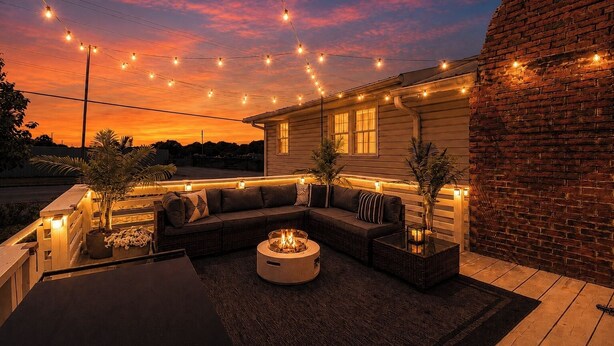 An outdoor seating area with a fire pit, string lights, and a brick wall. - 8 BR • Theater • Game Room • Fire Pit • Sleeps 15 (Birmingham)
