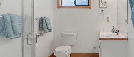 Une salle de bain comprenant des toilettes, un lavabo et un espace douche.