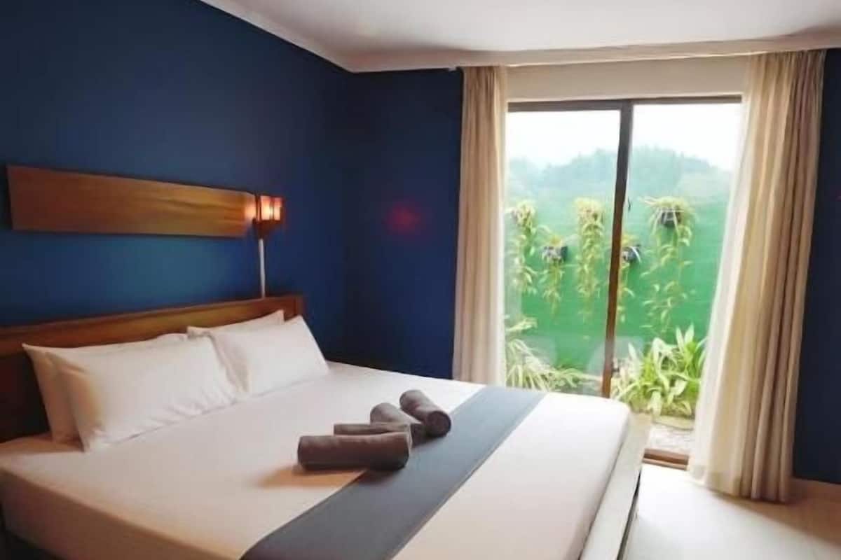 Habitación de hotel con cama, vista a follaje por la ventana y un ventanal con cortinas.