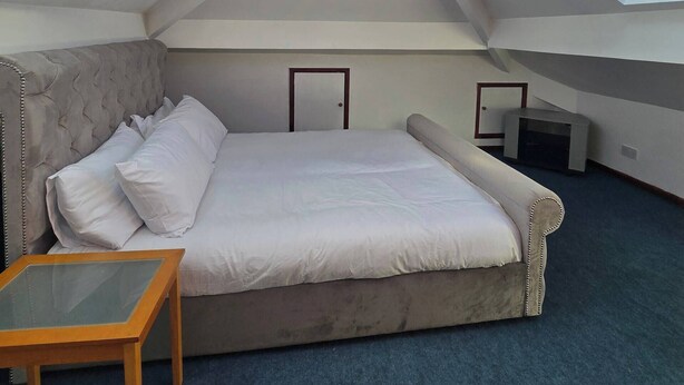 A bedroom with a large bed, a small table, and two skylights.