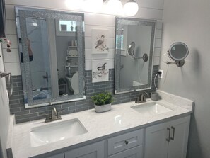 Hair dryer, towels, soap, toilet paper