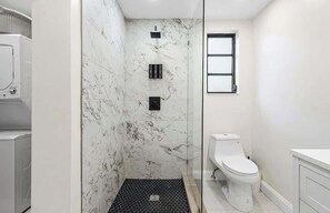 Hair dryer, towels, soap, toilet paper