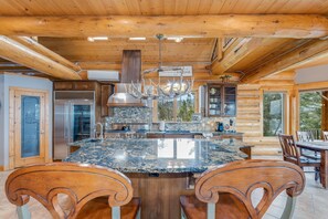 Fridge, microwave, oven, stovetop - New! Lakefront Log Home | Private Dock | Indoor Hot Tub | Glacier NP | Flathead Lake | Sleeps 10 (Dayton)
