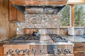 Fridge, microwave, oven, stovetop - New! Lakefront Log Home | Private Dock | Indoor Hot Tub | Glacier NP | Flathead Lake | Sleeps 10 (Dayton)
