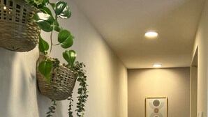 Un couloir avec un plancher en bois, une plante fixée au mur, un tableau encadré et une plante en pot.