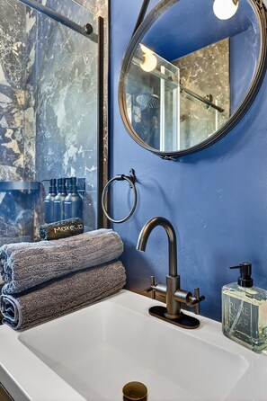 Douche, séchoir à cheveux, serviettes fournies, savon