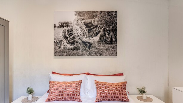 Una cama con almohadones estampados, un cuadro colgado en la pared y mesitas de noche con pequeñas plantas.