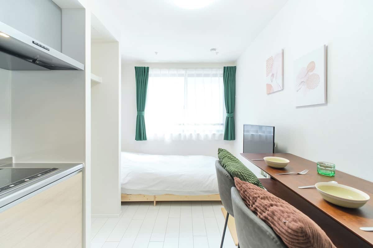 Una habitación moderna con cama, kitchenette, comedor y obras de arte en las paredes.