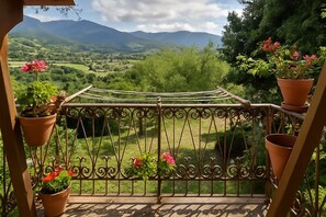 Un balcon doté d’une balustrade en fer forgé, offrant une vue sur un paysage verdoyant et des montagnes.