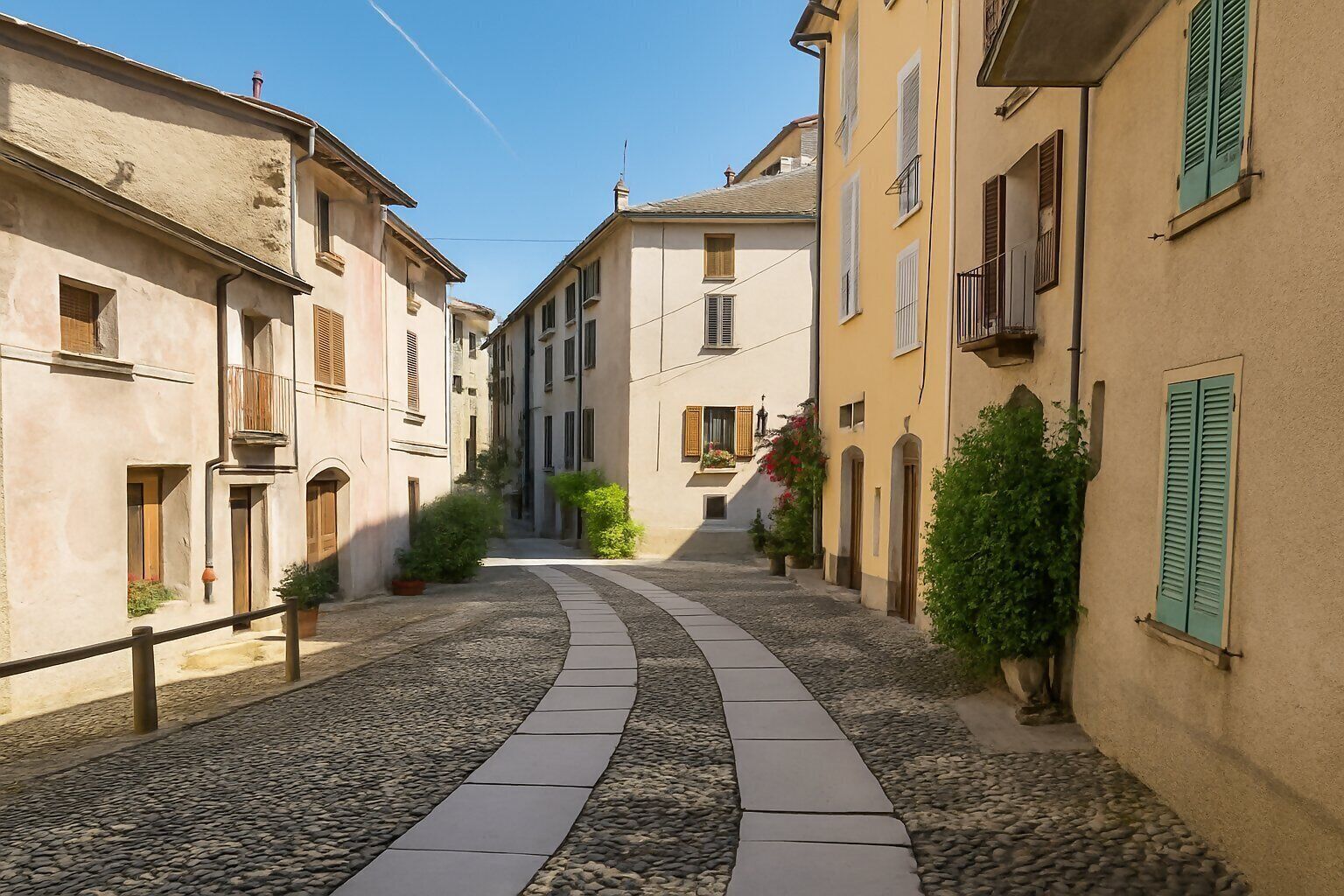 Eine enge Kopfsteinpflasterstraße, gesäumt von historischen Gebäuden mit Balkonen und Fensterläden.