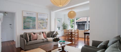 Smart TV, fireplace, books