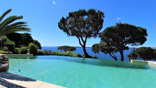 Ein klares, blaues Schwimmbecken mit Blick auf das Meer und Bäume.