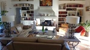 Ein Wohnzimmer mit Sofa, Couchtisch, Kamin, Bücherregalen und Dekorationselementen.
