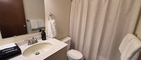 Hair dryer, towels, soap, toilet paper