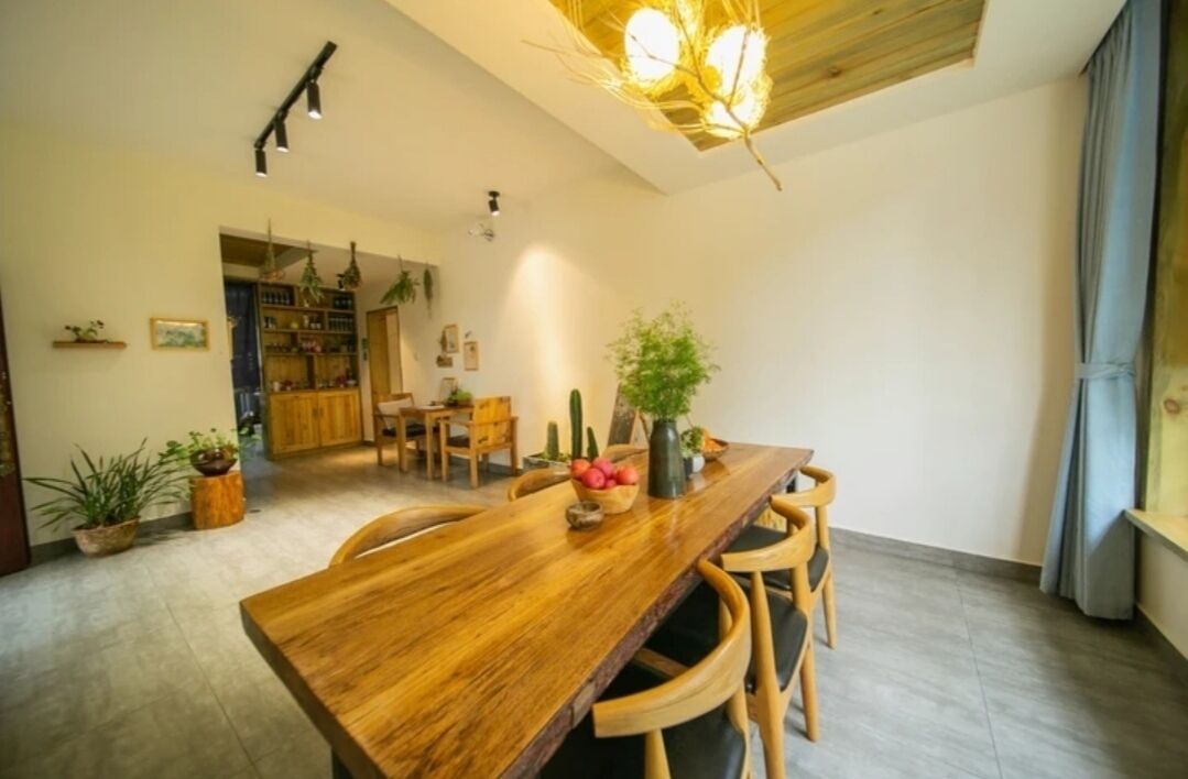 A wooden dining table with chairs, a chandelier, and potted plants.