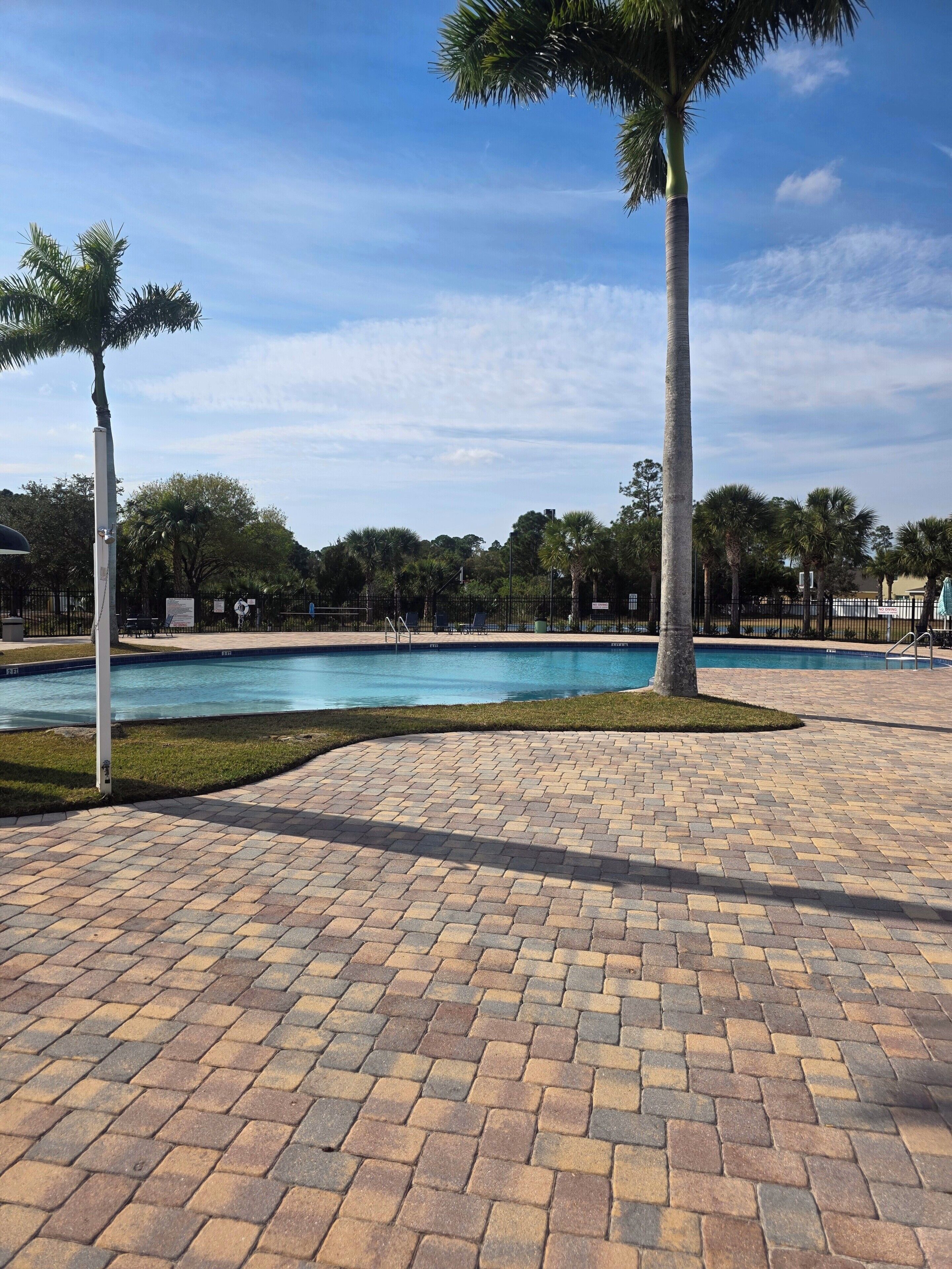 A swimming pool with a brick pathway, surrounded by palm trees and a clear sky.