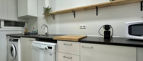 Fridge, microwave, oven, dishwasher