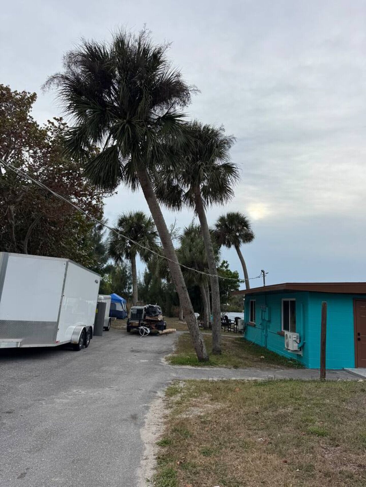 A residential area with a trailer, a small blue building, and palm trees.