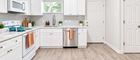 A modern kitchen with white cabinetry, a stainless steel dishwasher, and a window with blinds.