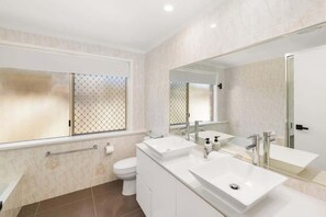 Shower, hair dryer, shampoo