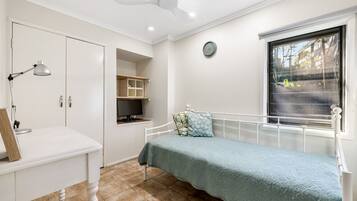 1 bedroom, desk, iron/ironing board, travel cot