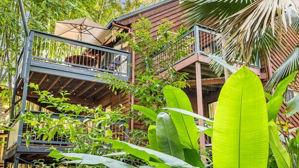 A multi-level wooden structure with balconies, surrounded by lush greenery and large banana leaves.